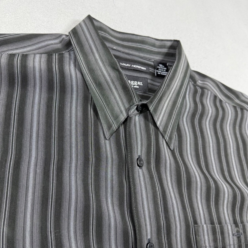 Haggar Luxury Microfiber Mens XXL Black Grey Striped Short Sleeve Button Up Top